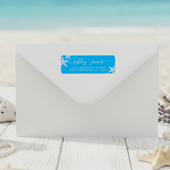 Script Beach Starfish Blue Wedding Return Address (Creator Uploaded)