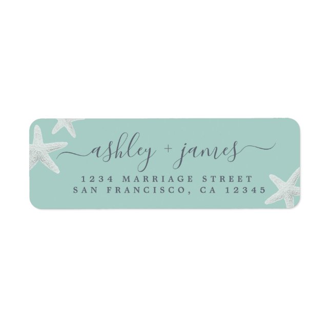 Script Beach Starfish Blue Wedding Return Address (Front)