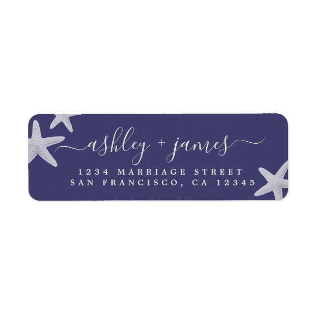 Script Beach Starfish Blue Wedding Return Address (Front)