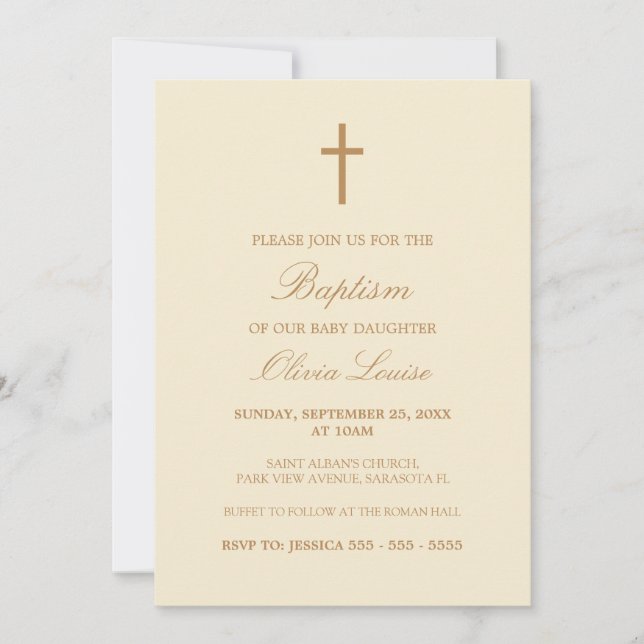 Script Beige Elegant Crème Baptême Invitation (Devant)