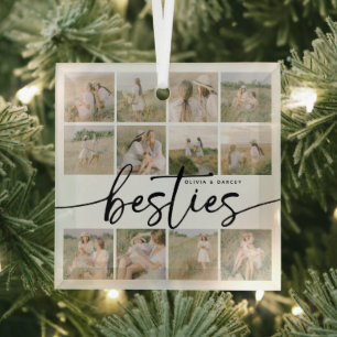 Script Besties Photo Collage Personalized Glass Ornament