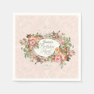 Script Birthday Party Vintage Blush Floral Bouquet Napkin