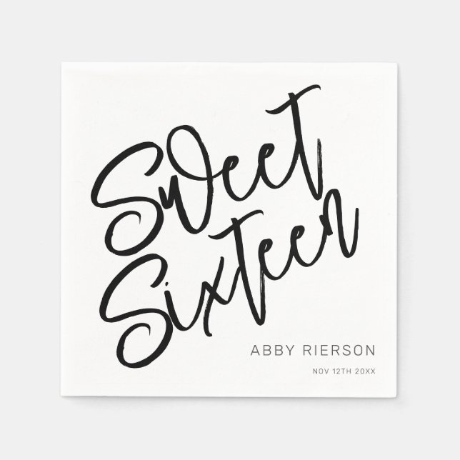 Script Black and White Sweet Sixteen Custom Name Napkin (Front)