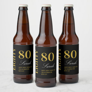 Script Black & Gold 80th Birthday Cocktail Party Beer Bottle Label