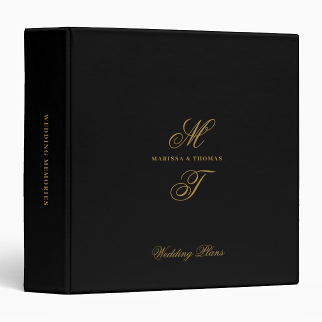 Script Black Gold Wedding Plans Monogram Planners Binder (Front/Spine)