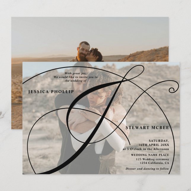 Script black white 2 photo calligraphy wedding invitation (Front/Back)