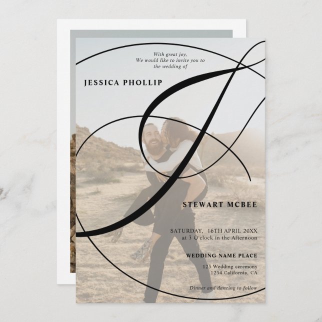 Script black white 2 photo calligraphy wedding invitation (Front/Back)