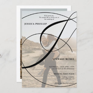 Script black white 2 photo calligraphy wedding invitation