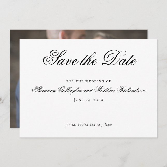 Script Black White Wedding Save the Date Photo Announcement (Front/Back)