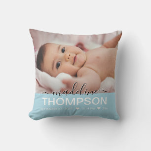 Script Blue Baby Newborn Keepsake Name Photo Throw Pillow