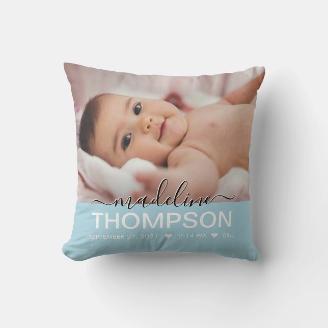 Script Blue Baby Newborn Keepsake Name Photo Throw Pillow (Front)