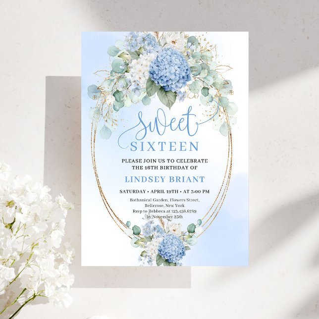 Script Blue Floral Gold Sweet 16 Birthday Invites (Script Blue Floral Gold Sweet 16 Birthday Invitation)