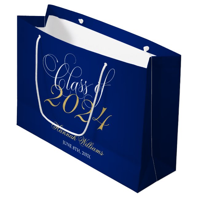 Script Blue Gold Class of 2024 Graduation Large Gift Bag (Front Angled)