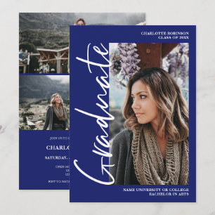 Script blue graduate photo graduation Invitation