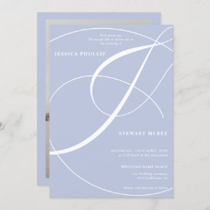 Script blue photo calligraphy wedding invitation