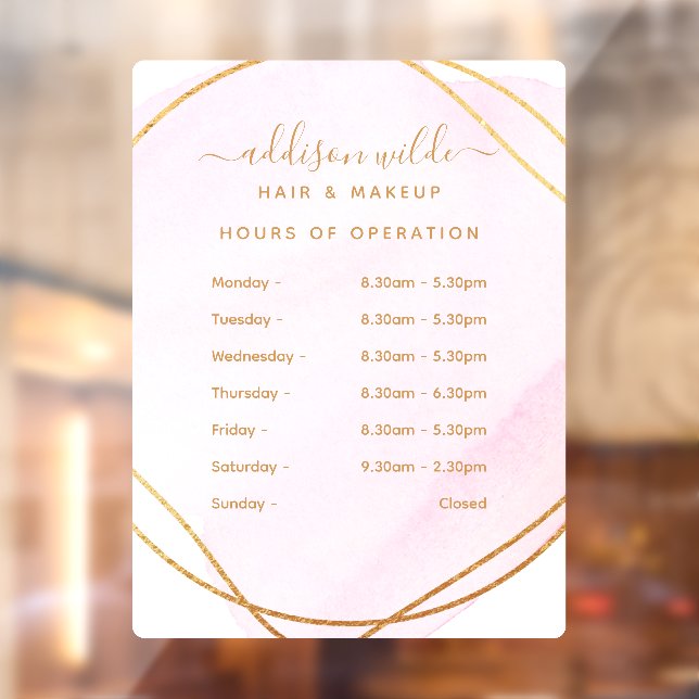 Script Blush Pink Watercolor Gold Business Hours Window Cling (Sheet 2)
