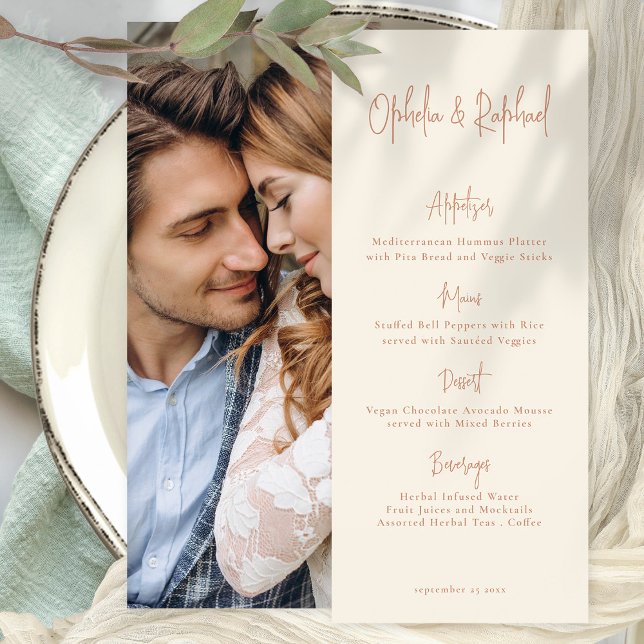 Script Boho Photo Cream Wedding Menu Card (Menu Front and back view. Available printed or digitally. Optional add your photo on the back.)