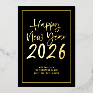 Script Border Happy New Year 2026 Photo Black Foil Holiday Card