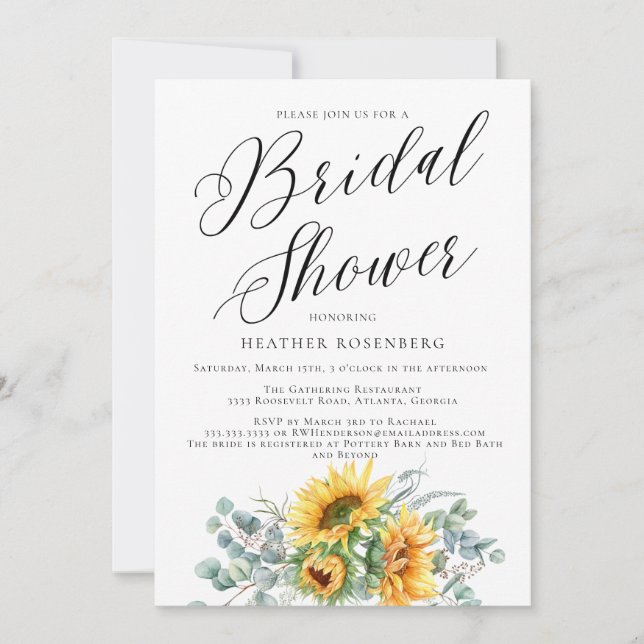 Script Bridal Shower Elegant Sunflower Invitation (Front)