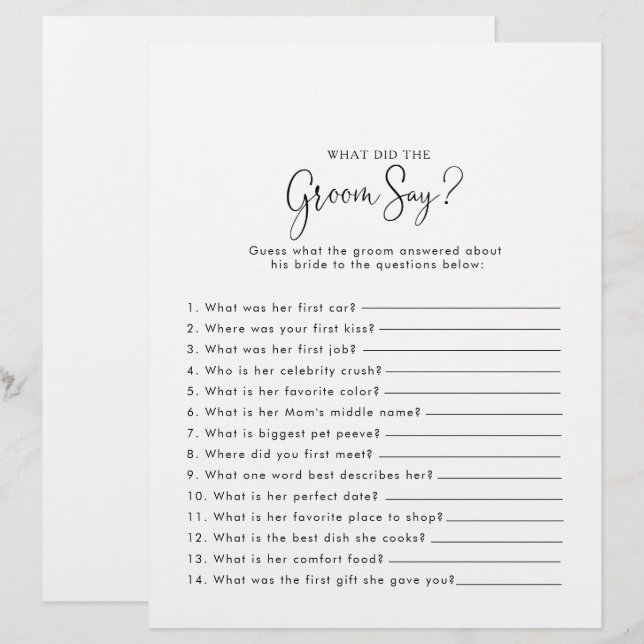 Script Bridal Shower What did the Groom Say (Front/Back)