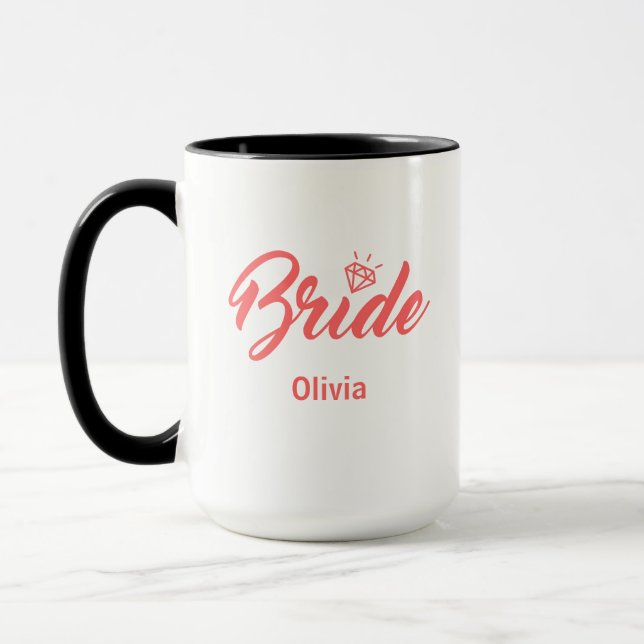 Script Bride Typography & Diamond in Pink Name Mug (Left)
