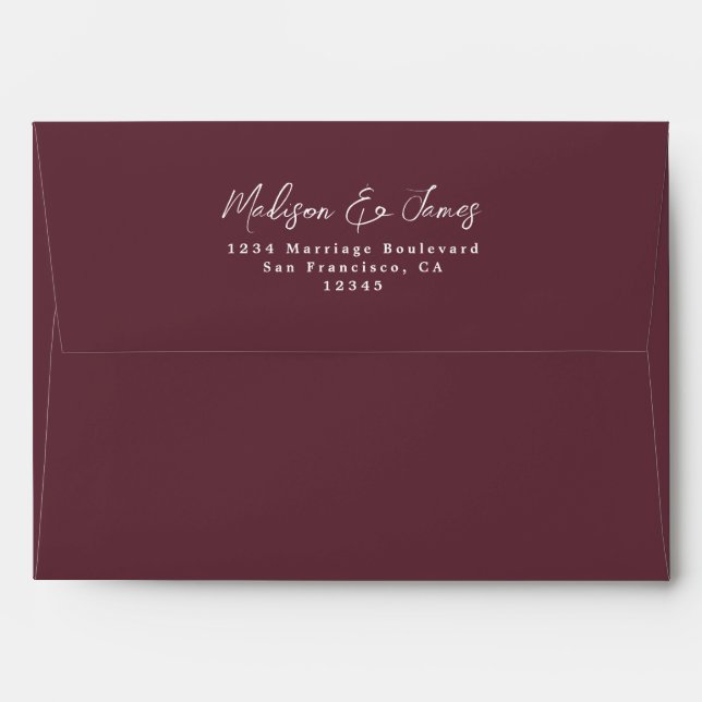 Script Burgundy Wedding Return Address Envelope (Back (Top Flap))