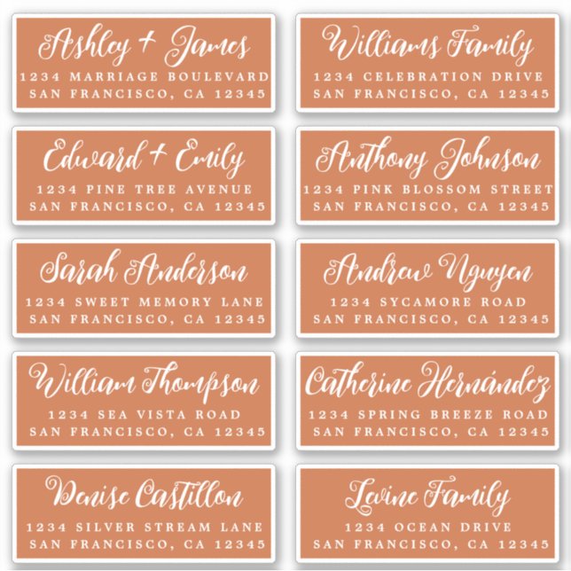 Script Burnt Orange Wedding Guest Address Labels (Front)