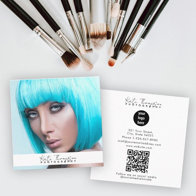 Script Business Logo Photographer Photo QR Code Square Business Card (Script Business Logo Photographer Photo QR Code Square Business Card)