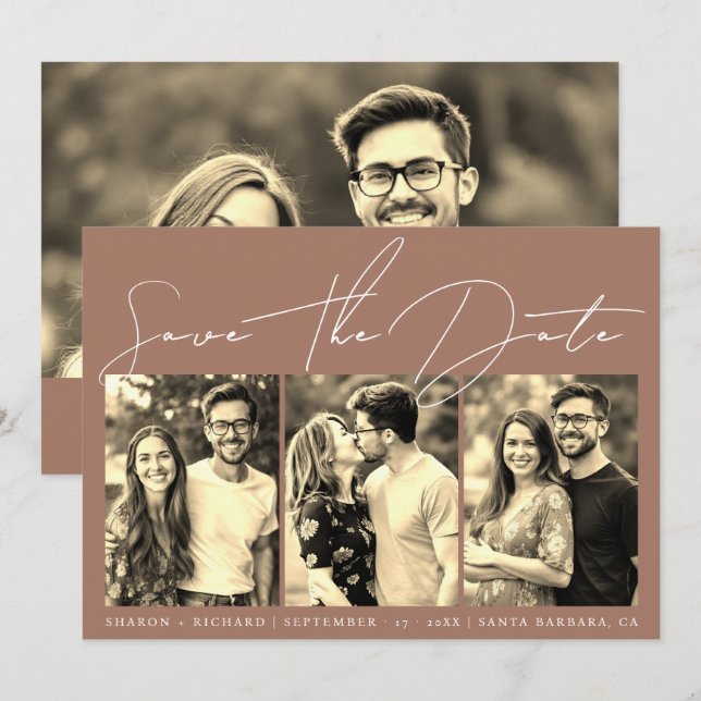 Script calligraphy 3 sepia photo collage mocha  save the date (Front/Back)