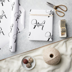 Script Calligraphy Black & White Monogrammed Name Wrapping Paper