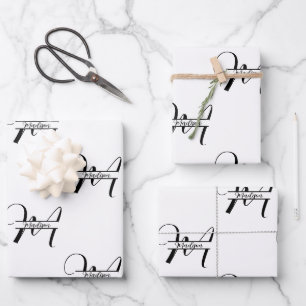 Script Calligraphy Black & White Monogrammed Name Wrapping Paper Sheet