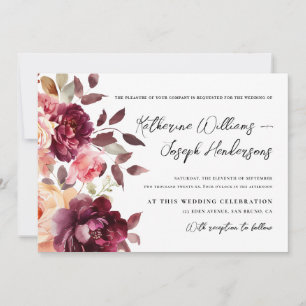 Script calligraphy Bouquet Floral Burgundy Wedding Invitation