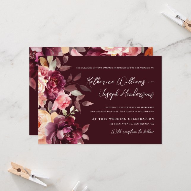 Script calligraphy Bouquet Floral Burgundy Wedding Invitation (Front/Back In Situ)