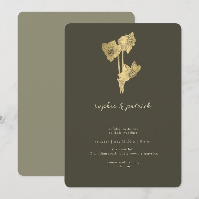 Script Calligraphy Daffodil Gold Minimal Wedding Invitation (Front/Back)