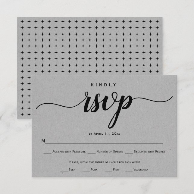 Script calligraphy grey kraft paper rustic wedding RSVP card (Front/Back)