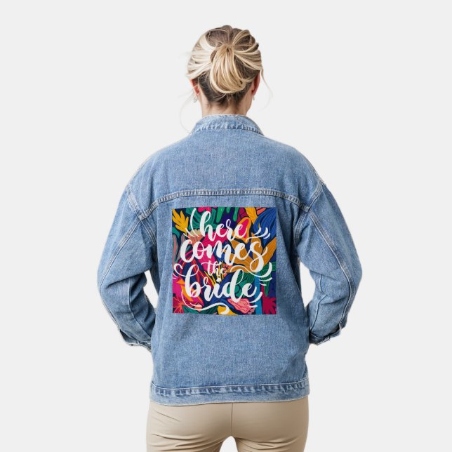 Script calligraphy Here comes the bride floral Denim Jacket (Model)