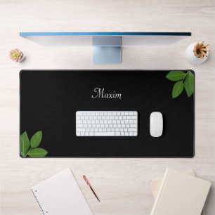Script Calligraphy & Laurel Green Leaves on Black Desk Mat