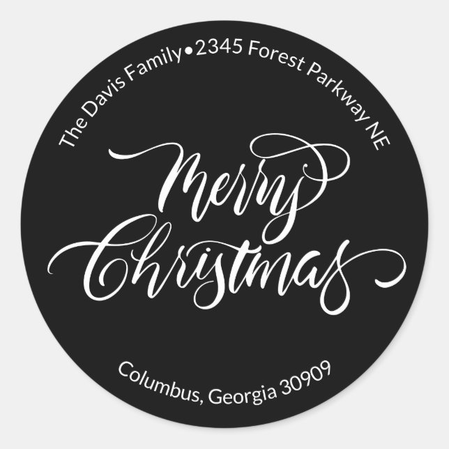 Script Calligraphy Merry Christmas Return Address  Classic Round Sticker (Front)