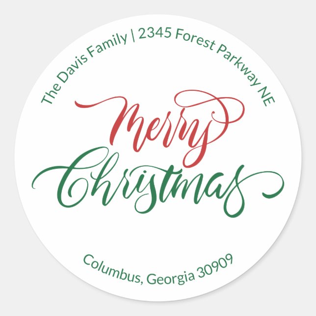 Script Calligraphy Merry Christmas Return Address Classic Round Sticker (Front)