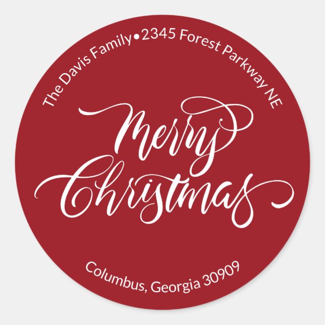 Script Calligraphy Merry Christmas Return Address Classic Round Sticker (Front)