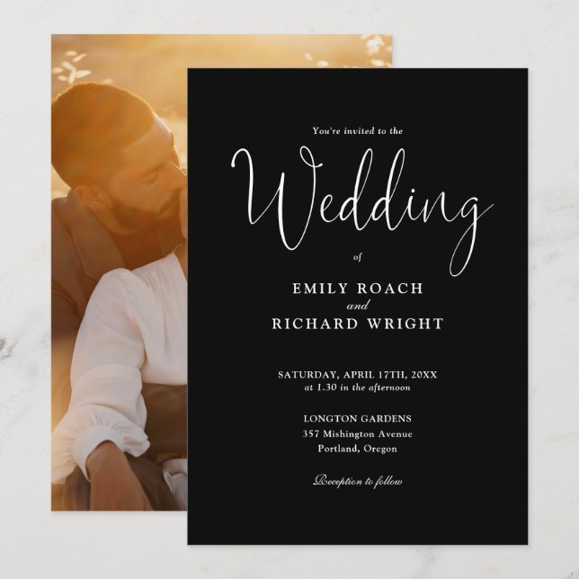Script Calligraphy Photo Black And White Wedding Invitation (Front/Back)