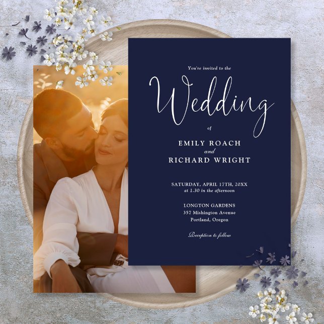 Script Calligraphy Photo Navy Blue Wedding Invitation (Script Calligraphy Photo Navy Blue Wedding Invitation)