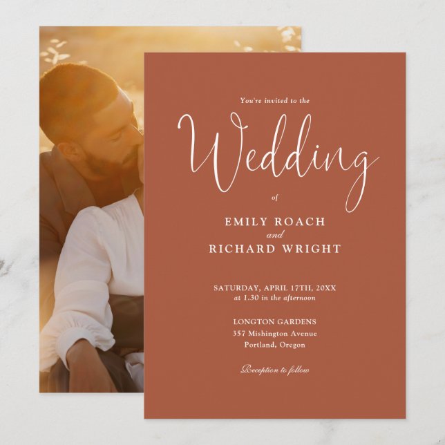 Script Calligraphy Photo Terracotta Wedding Invitation (Front/Back)