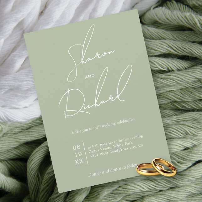 Script calligraphy sage green minimalist wedding invitation (Creator Uploaded)