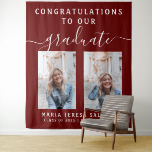 Script Calligraphy Two Photo Graduation   Maroon Tapestry