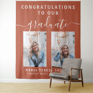 Script Calligraphy Two Photo Graduation   Orange Tapestry