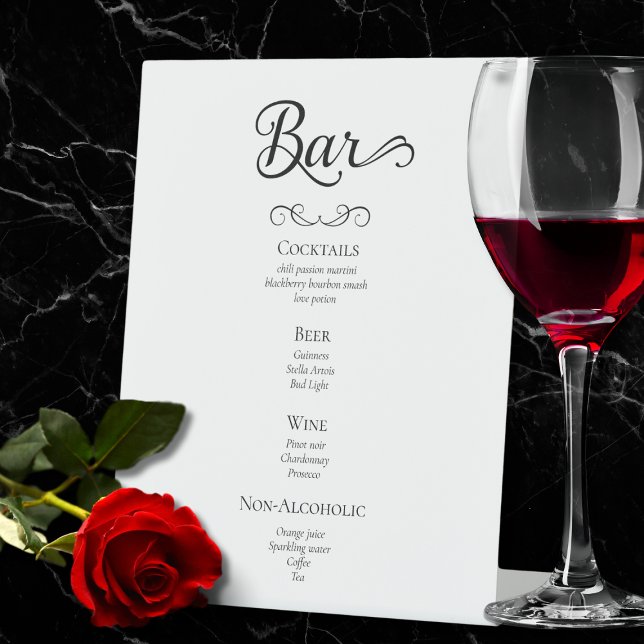 Script Calligraphy Wedding Drinks Menu Sign (elegant custom black and white bar menu pedestal sign for wedding dinner and reception, script)