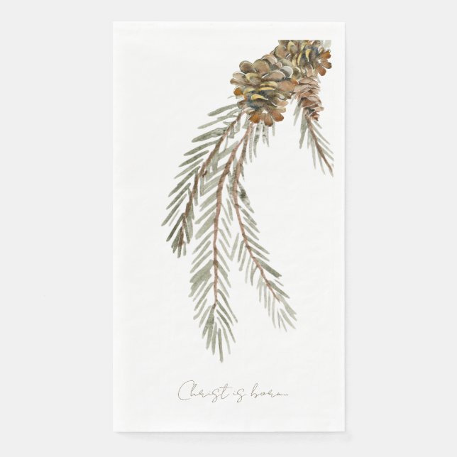 Script Christ is Born Pine Cone White Napkin (Front)