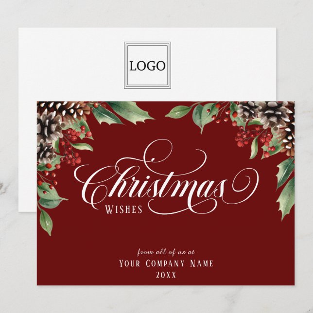 Script Christmas Business logo Holiday Card (Front/Back)
