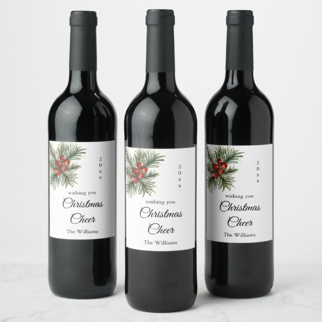 Script Christmas Cheer Branch with Berries Wine Label (Bottles)